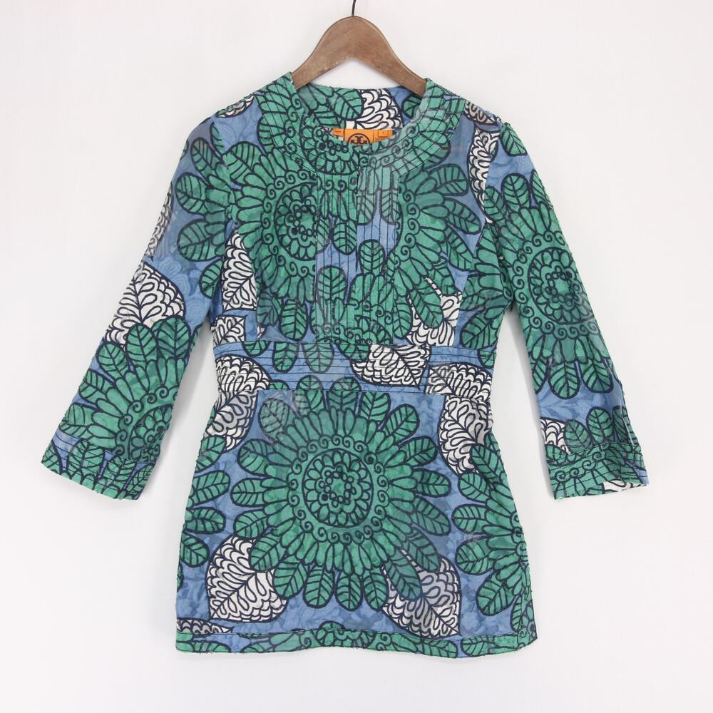 Tory Burch Tunic Womens 4 Green Blue Floral Silk Cotton Pintuck Boho Side Zip